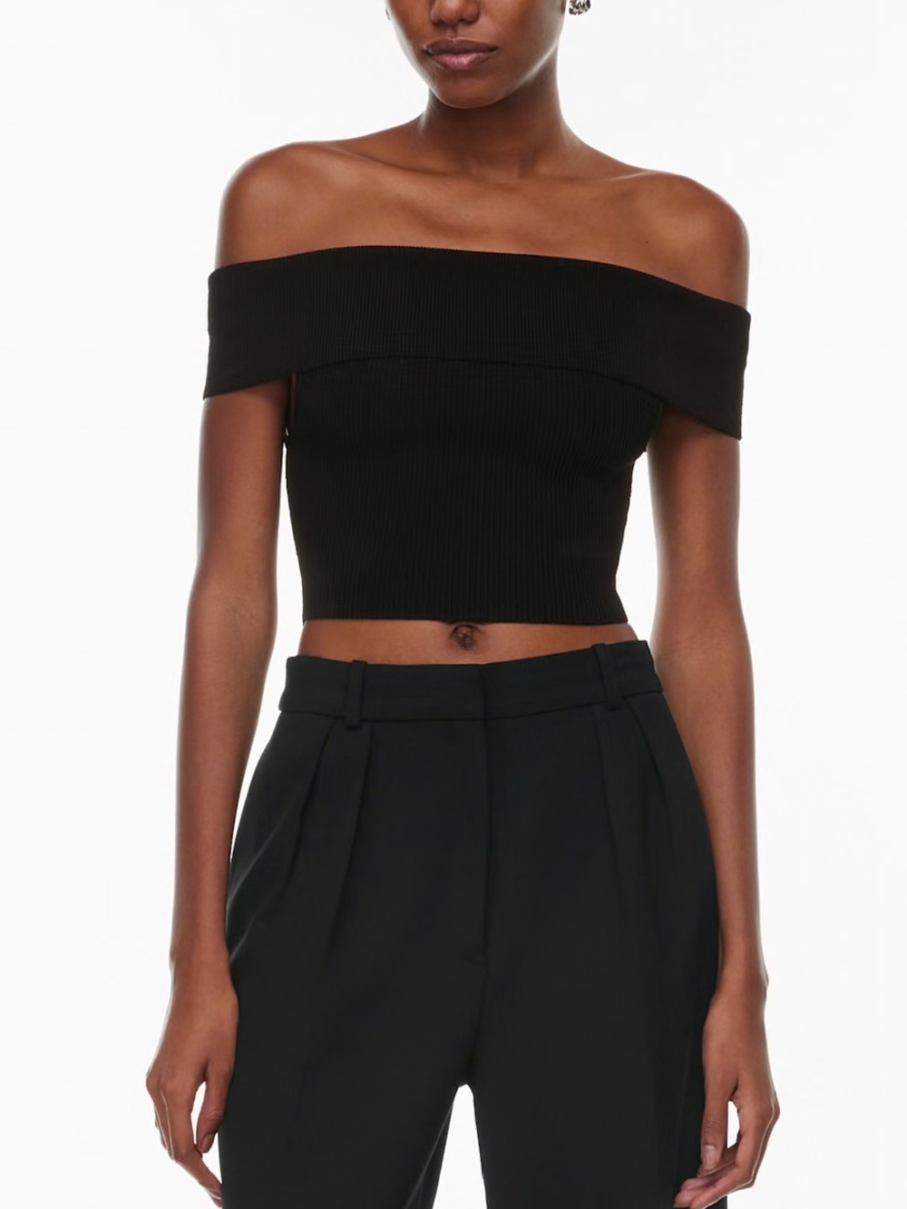 Aritzia Babaton Sculpt Knit Off Shoulder Top in Black Size Small